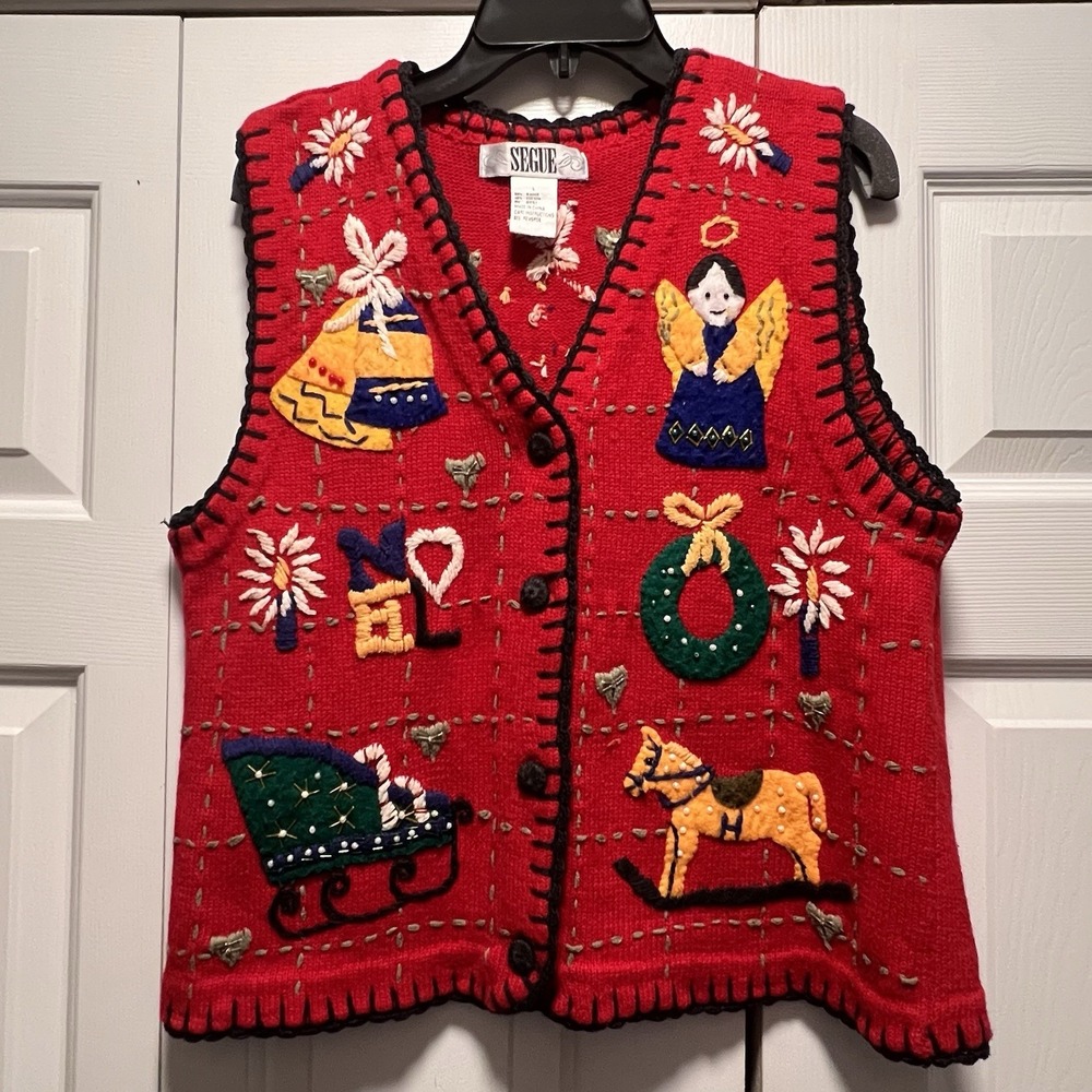 Vtg Holiday Christmas Sweater Vest sz Large Red Grandma Core Embroidered Angel